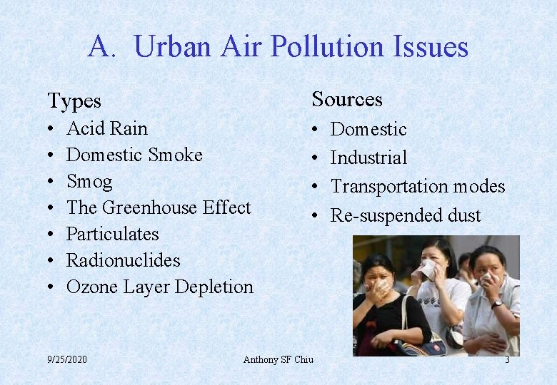 A. Urban Air Pollution Issues Types Sources • • • Acid Rain Domestic Smoke