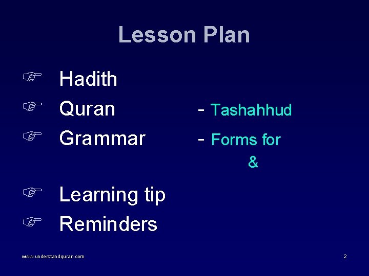 Lesson Plan F F F Hadith Quran Grammar - Tashahhud - Forms for &