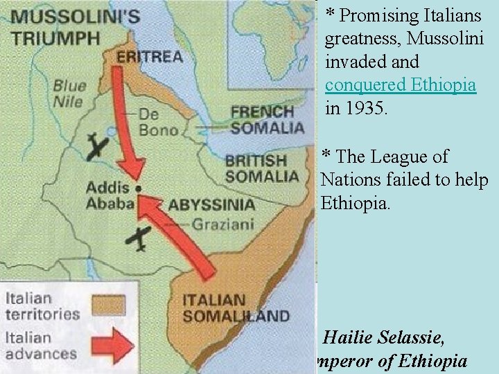 * Promising Italians greatness, Mussolini invaded and conquered Ethiopia in 1935. * The League