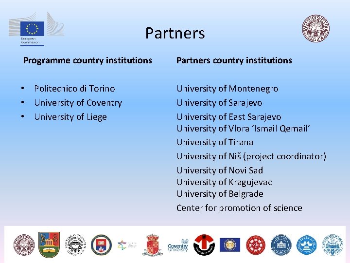 Partners Programme country institutions • Politecnico di Torino • University of Coventry • University