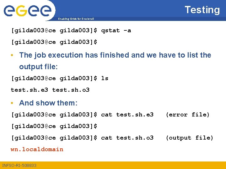 Testing Enabling Grids for E-scienc. E [gilda 003@ce gilda 003]$ qstat -a [gilda 003@ce