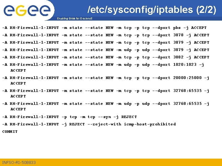 /etc/sysconfig/iptables (2/2) Enabling Grids for E-scienc. E -A RH-Firewall-1 -INPUT -m state --state NEW