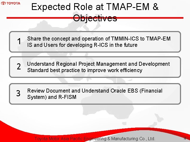 Expected Role at TMAP-EM & Objectives 1 Share the concept and operation of TMMIN-ICS