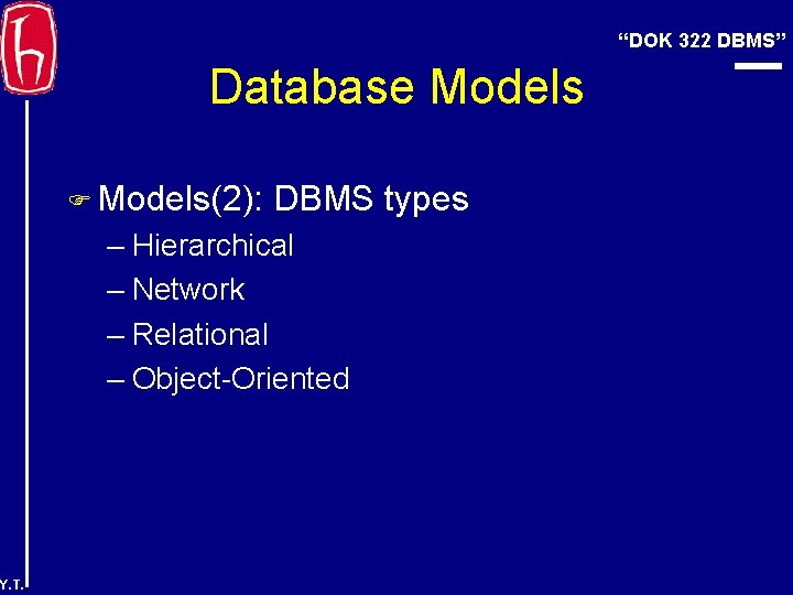 “DOK 322 DBMS” Database Models F Models(2): DBMS types – Hierarchical – Network –