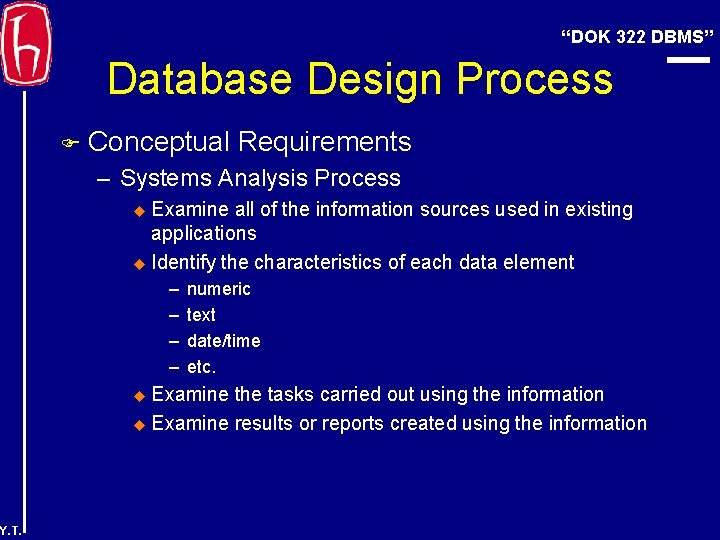 “DOK 322 DBMS” Database Design Process F Conceptual Requirements – Systems Analysis Process Examine