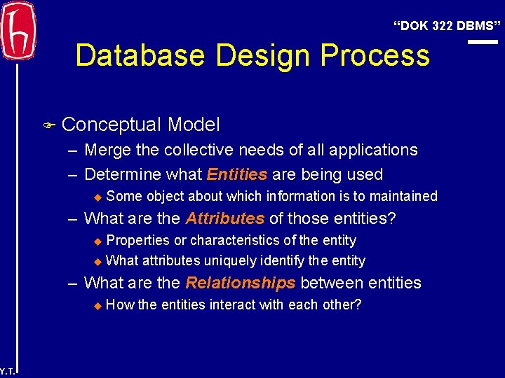 “DOK 322 DBMS” Database Design Process F Conceptual Model – Merge the collective needs