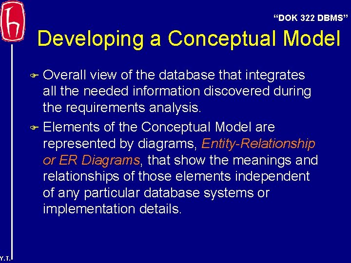 “DOK 322 DBMS” Developing a Conceptual Model Overall view of the database that integrates