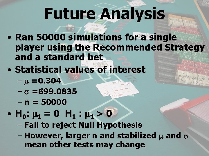 Future Analysis • Ran 50000 simulations for a single player using the Recommended Strategy