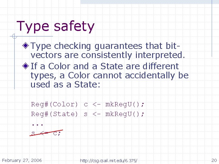 Type safety Type checking guarantees that bitvectors are consistently interpreted. If a Color and Type safety Type checking guarantees that bitvectors are consistently interpreted. If a Color and