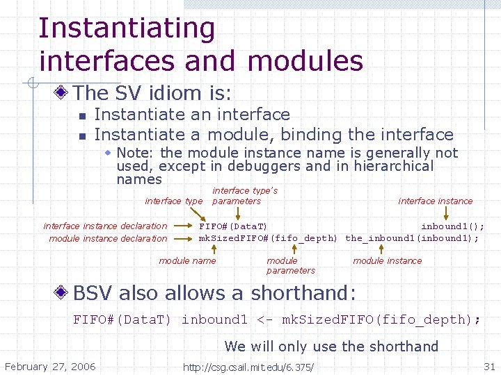 Instantiating interfaces and modules The SV idiom is: n n Instantiate an interface Instantiate Instantiating interfaces and modules The SV idiom is: n n Instantiate an interface Instantiate