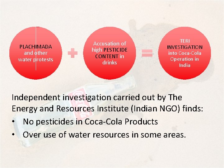 PLACHIMADA and other water protests Accusation of high PESTICIDE CONTENT in drinks TERI INVESTIGATION