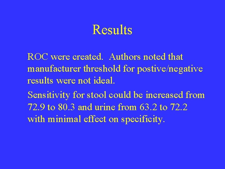 Results ROC were created. Authors noted that manufacturer threshold for postive/negative results were not