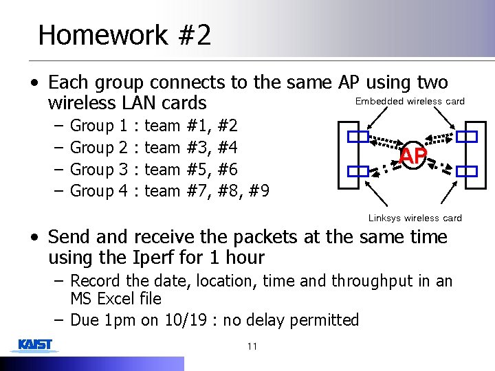 Homework #2 • Each group connects to the same AP using two Embedded wireless