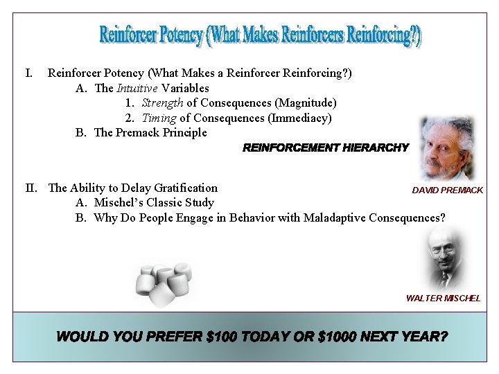 I. Reinforcer Potency (What Makes a Reinforcer Reinforcing? ) A. The Intuitive Variables 1.