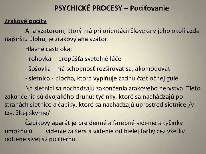 PSYCHICKÉ PROCESY – Pociťovanie Zrakové pocity Analyzátorom, ktorý má pri orientácii človeka v jeho