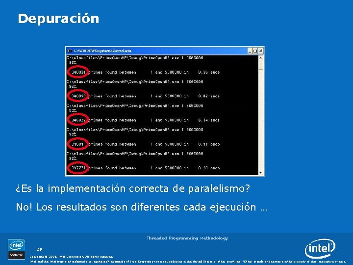 Depuración ¿Es la implementación correcta de paralelismo? No! Los resultados son diferentes cada ejecución