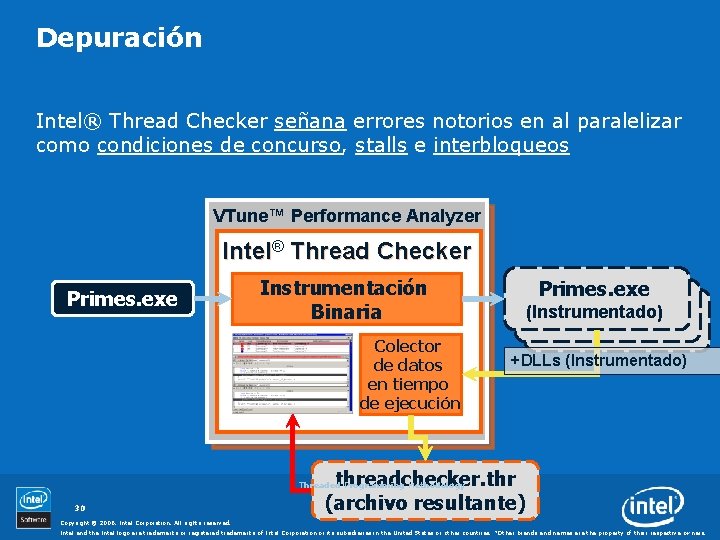 Depuración Intel® Thread Checker señana errores notorios en al paralelizar como condiciones de concurso,