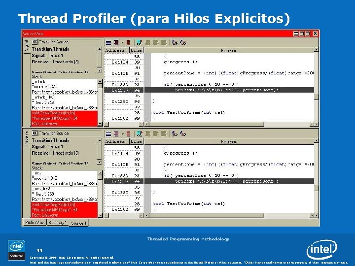 Thread Profiler (para Hilos Explicitos) ¿Porqué demasiadas transiciones? Threaded Programming Methodology 44 Copyright ©