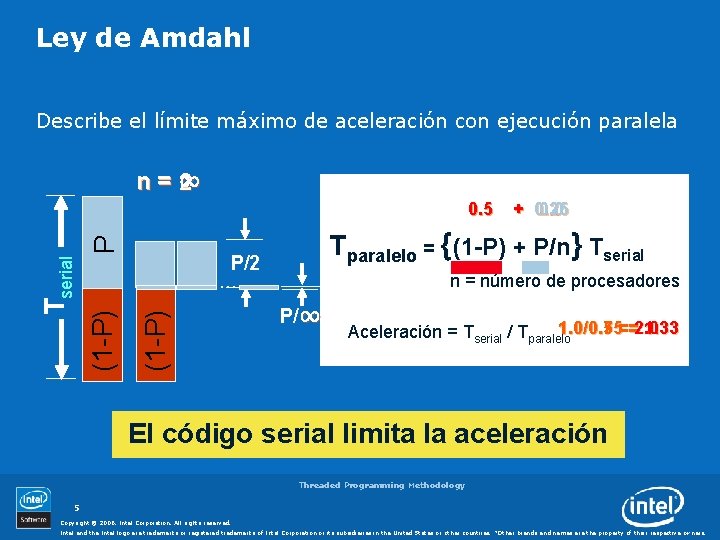 Ley de Amdahl Describe el límite máximo de aceleración con ejecución paralela 0. 5