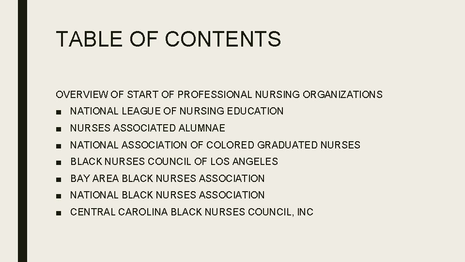 TABLE OF CONTENTS OVERVIEW OF START OF PROFESSIONAL NURSING ORGANIZATIONS ■ NATIONAL LEAGUE OF