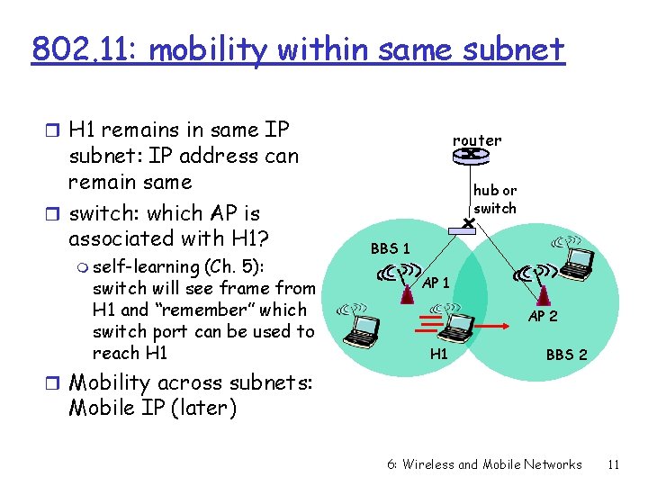 802. 11: mobility within same subnet r H 1 remains in same IP subnet:
