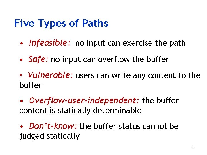 Five Types of Paths • Infeasible: no input can exercise the path • Safe: