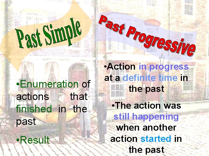  • Enumeration of actions that finished in the past • Result • Action