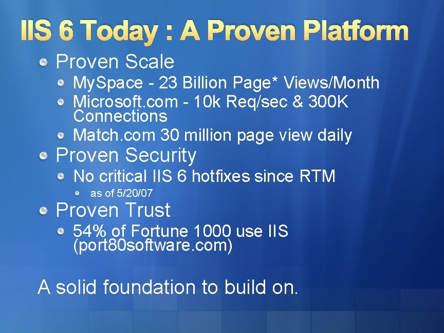 IIS 6 Today : A Proven Platform Proven Scale My. Space - 23 Billion