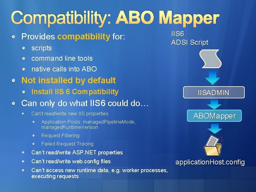 Compatibility: ABO Mapper Provides compatibility for: scripts command line tools native calls into ABO Compatibility: ABO Mapper Provides compatibility for: scripts command line tools native calls into ABO