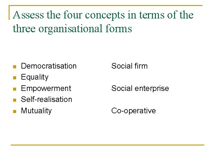 Assess the four concepts in terms of the three organisational forms n n n