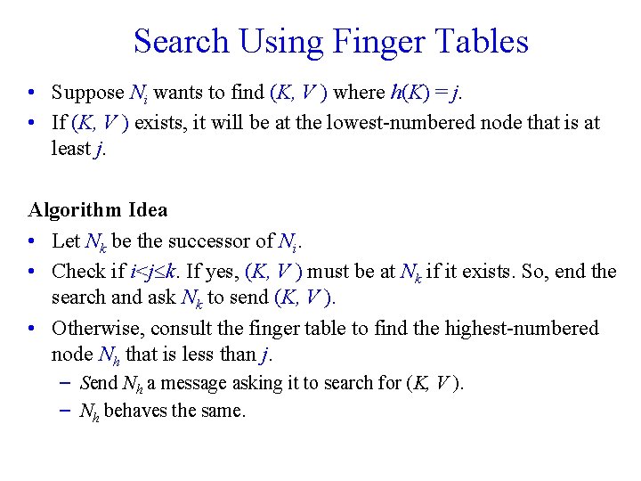 Search Using Finger Tables • Suppose Ni wants to find (K, V ) where