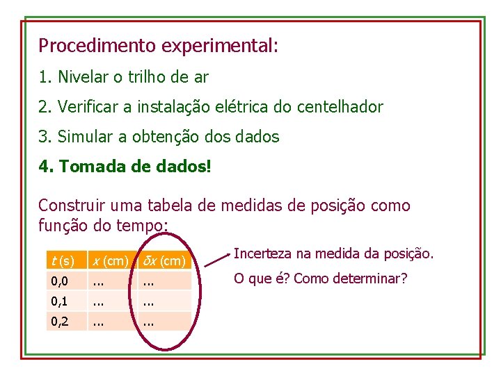 Procedimento experimental: 1. Nivelar o trilho de ar 2. Verificar a instalação elétrica do