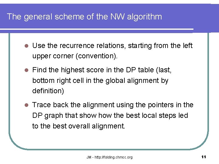 The general scheme of the NW algorithm l Use the recurrence relations, starting from