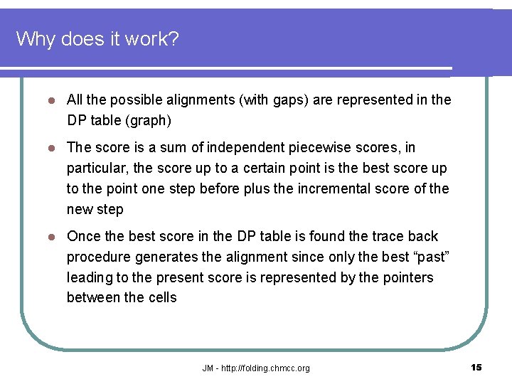 Why does it work? l All the possible alignments (with gaps) are represented in
