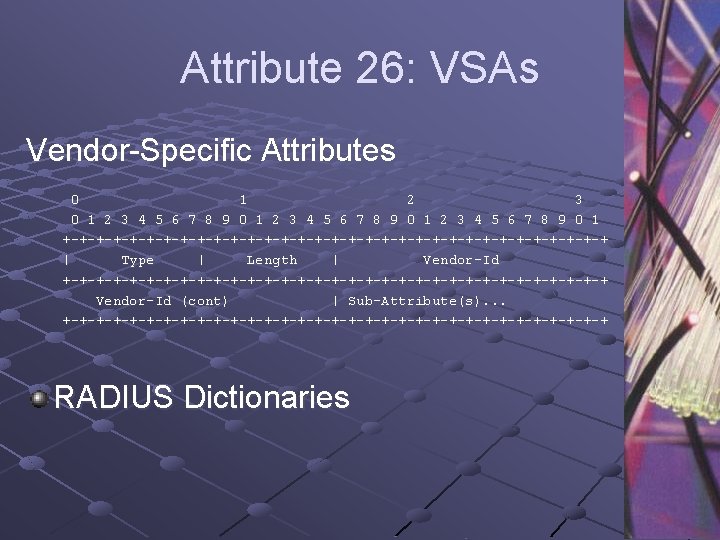 Attribute 26: VSAs Vendor-Specific Attributes 0 1 2 3 4 5 6 7 8
