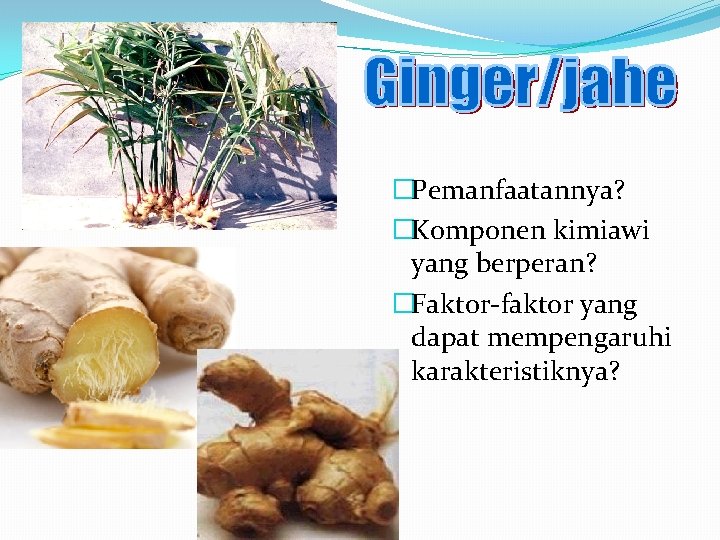 �Pemanfaatannya? �Komponen kimiawi yang berperan? �Faktor-faktor yang dapat mempengaruhi karakteristiknya? 