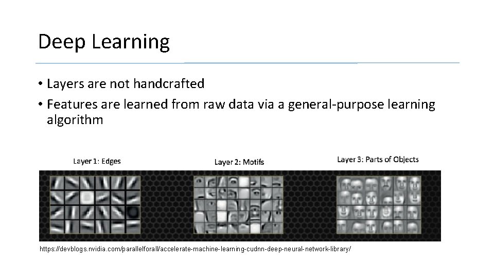 Deep Learning • Layers are not handcrafted • Features are learned from raw data