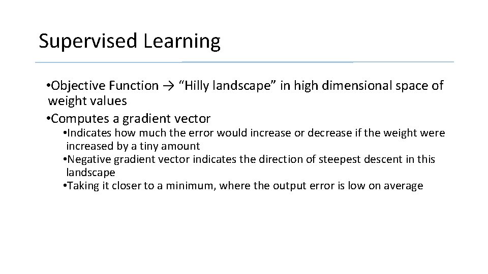 Supervised Learning • Objective Function → “Hilly landscape” in high dimensional space of weight