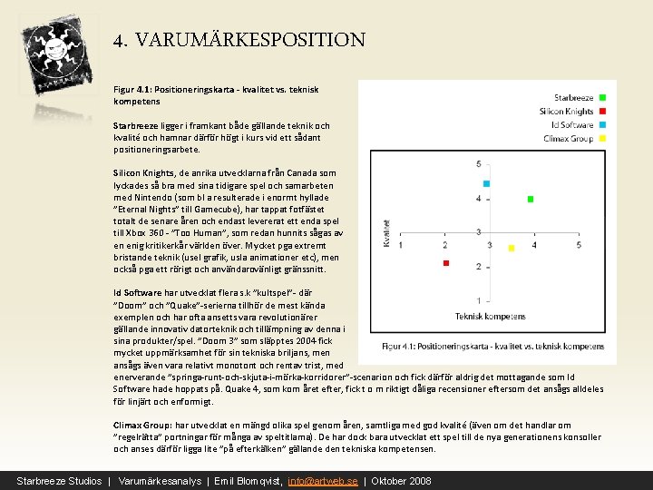 4. VARUMÄRKESPOSITION Figur 4. 1: Positioneringskarta - kvalitet vs. teknisk kompetens Starbreeze ligger i