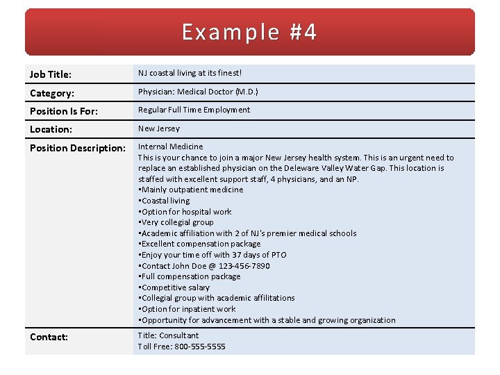 Example #4 Job Title: NJ coastal living at its finest! Category: Physician: Medical Doctor