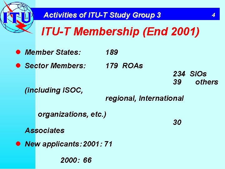 Activities of ITU-T Study Group 3 4 ITU-T Membership (End 2001) l Member States: