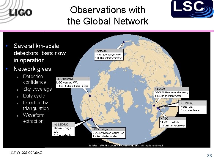 Observations with the Global Network • Several km-scale detectors, bars now in operation •