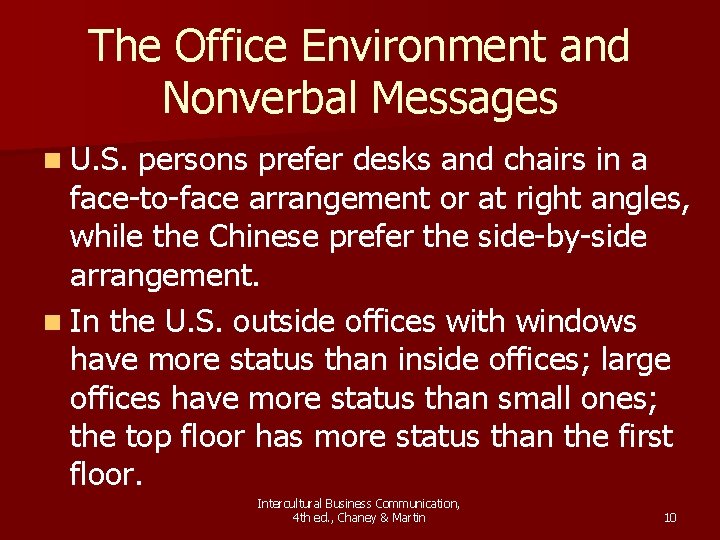 The Office Environment and Nonverbal Messages n U. S. persons prefer desks and chairs