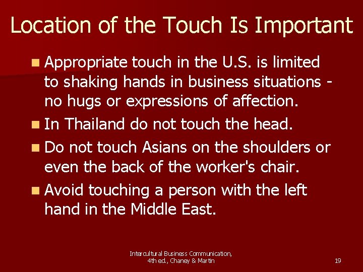 Location of the Touch Is Important n Appropriate touch in the U. S. is