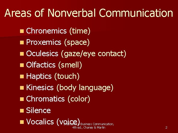 Areas of Nonverbal Communication n Chronemics (time) n Proxemics (space) n Oculesics (gaze/eye contact)