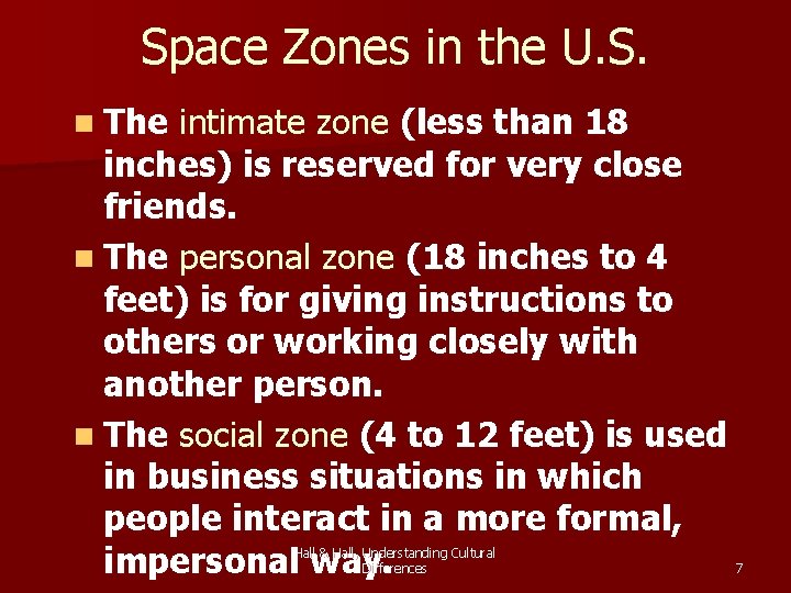 Space Zones in the U. S. n The intimate zone (less than 18 inches)