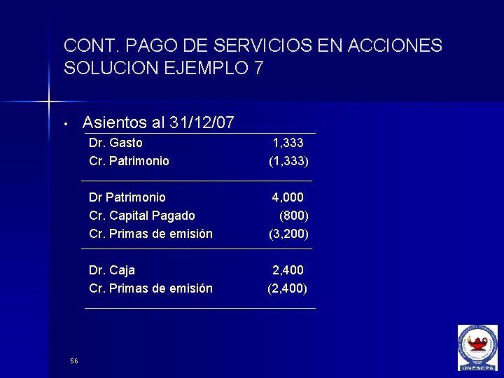 CONT. PAGO DE SERVICIOS EN ACCIONES SOLUCION EJEMPLO 7 Asientos al 31/12/07 • 56