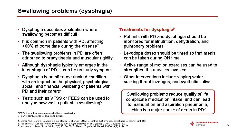 Swallowing problems (dysphagia) • Dysphagia describes a situation where swallowing becomes difficult 1 Treatments