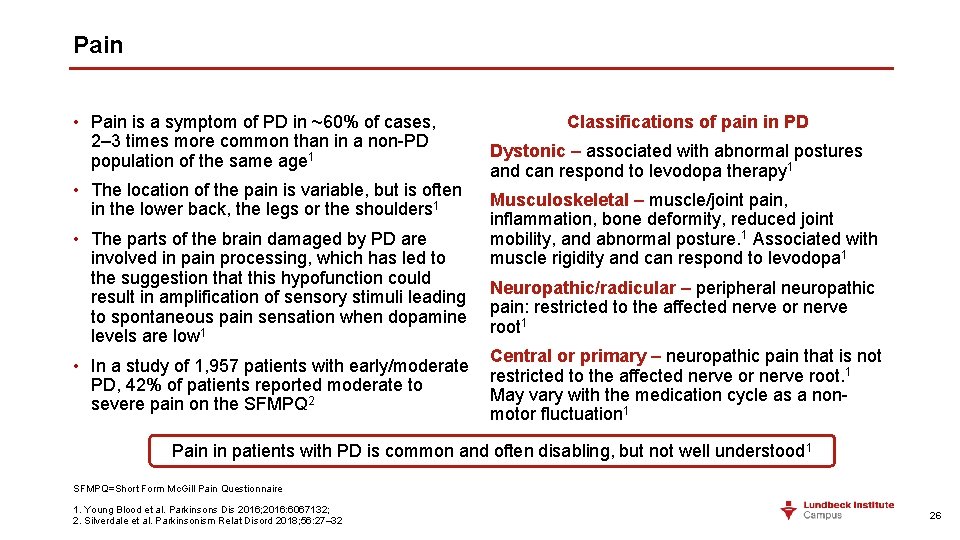Pain • Pain is a symptom of PD in ~60% of cases, 2– 3