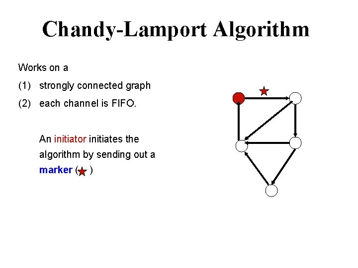 Chandy-Lamport Algorithm Works on a (1) strongly connected graph (2) each channel is FIFO.